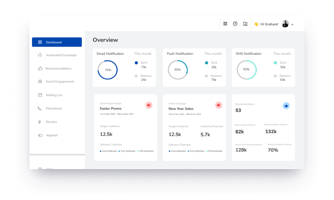 Customer engagement dashboard with automated campaigns and recommendations